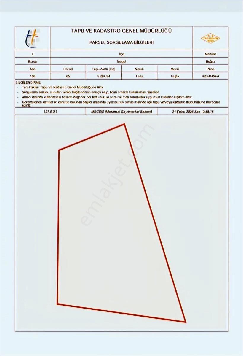 Bursa İnegöl Bogazköy Taşlık Mevkii Satılık 5.294 M2 Tarla. - Görsel 3