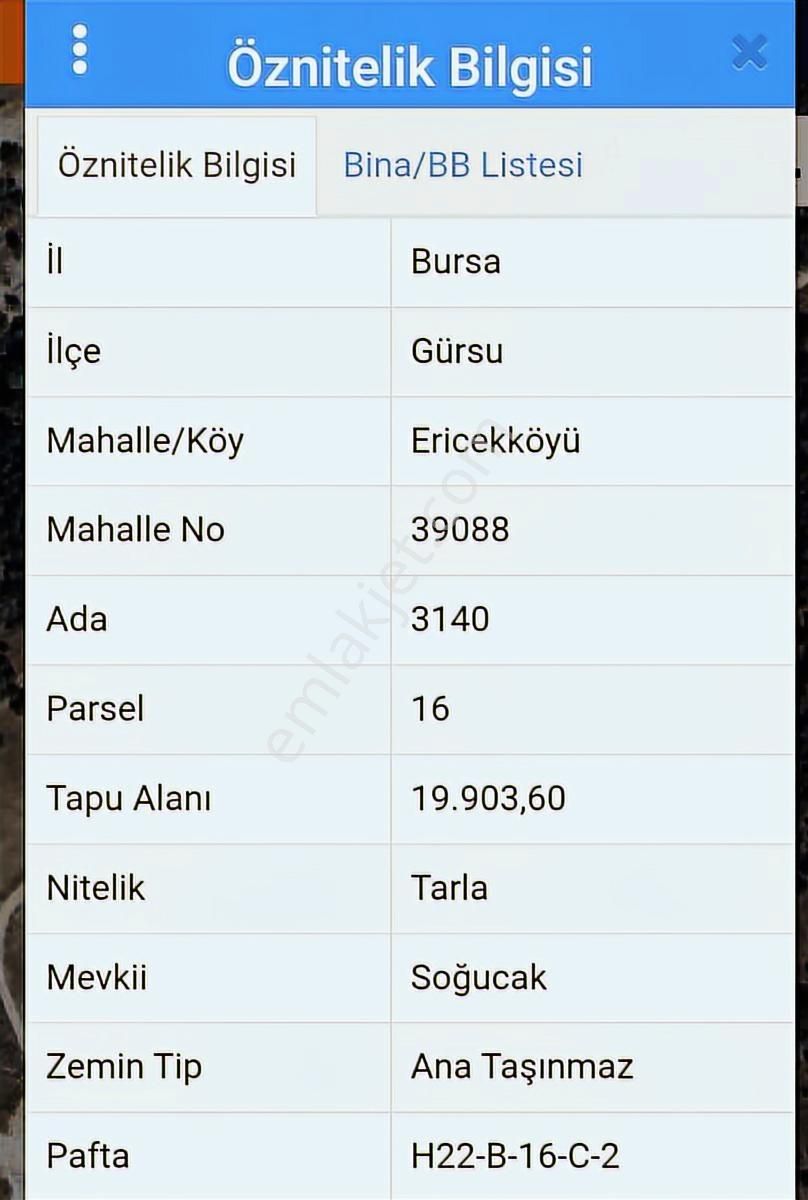 Bursa Gürsu Ericek Soğucak Mevkii Satılık 19.903 M2 Tarla