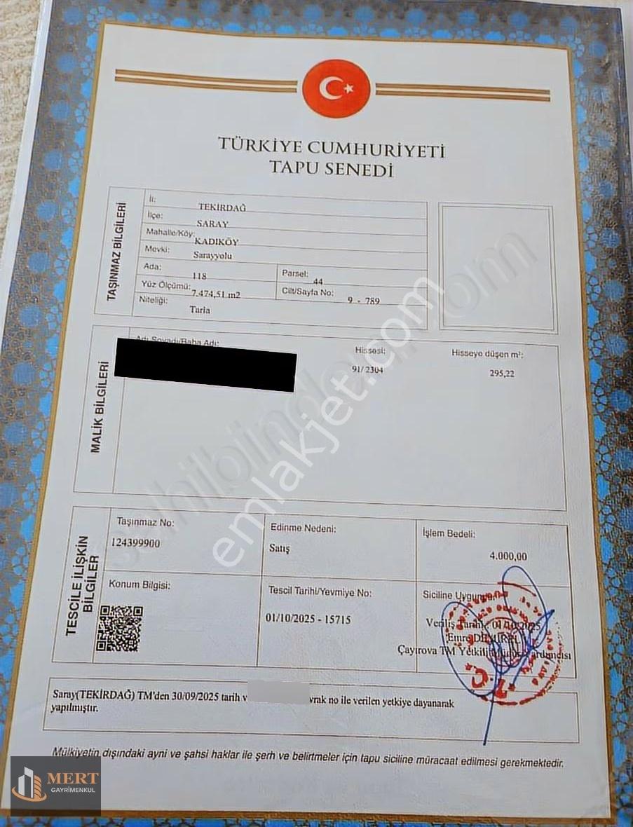 Tekirdağ Sarayda Satılık Arazi