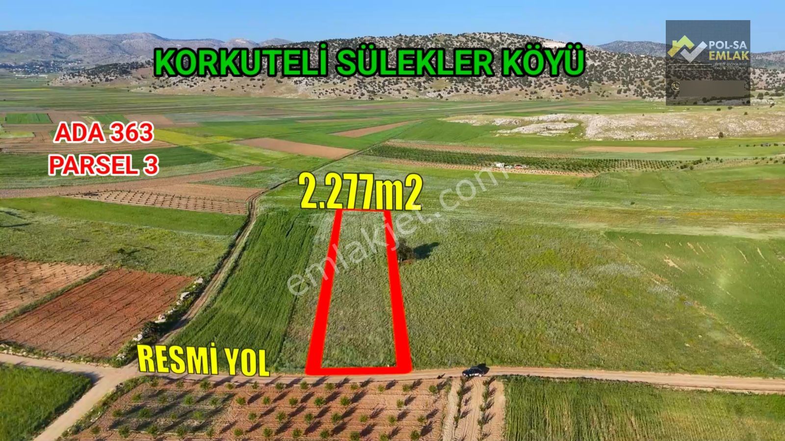 Korkuteli Sülekler De Satılık 2.277m2 Tarla Resmi Yolu Var