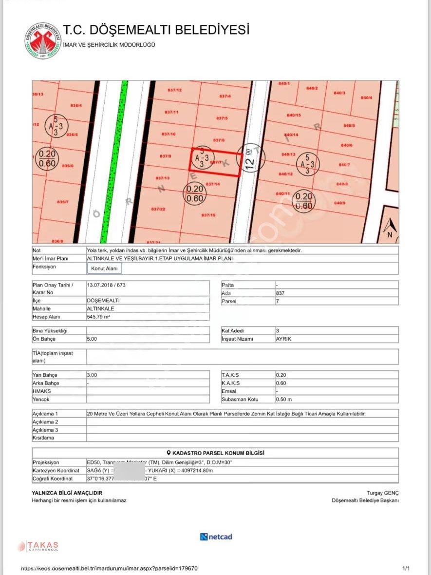 Takas' Tan Altınkale'de 546m² Müstakil Tapulu Fırsat Arsa