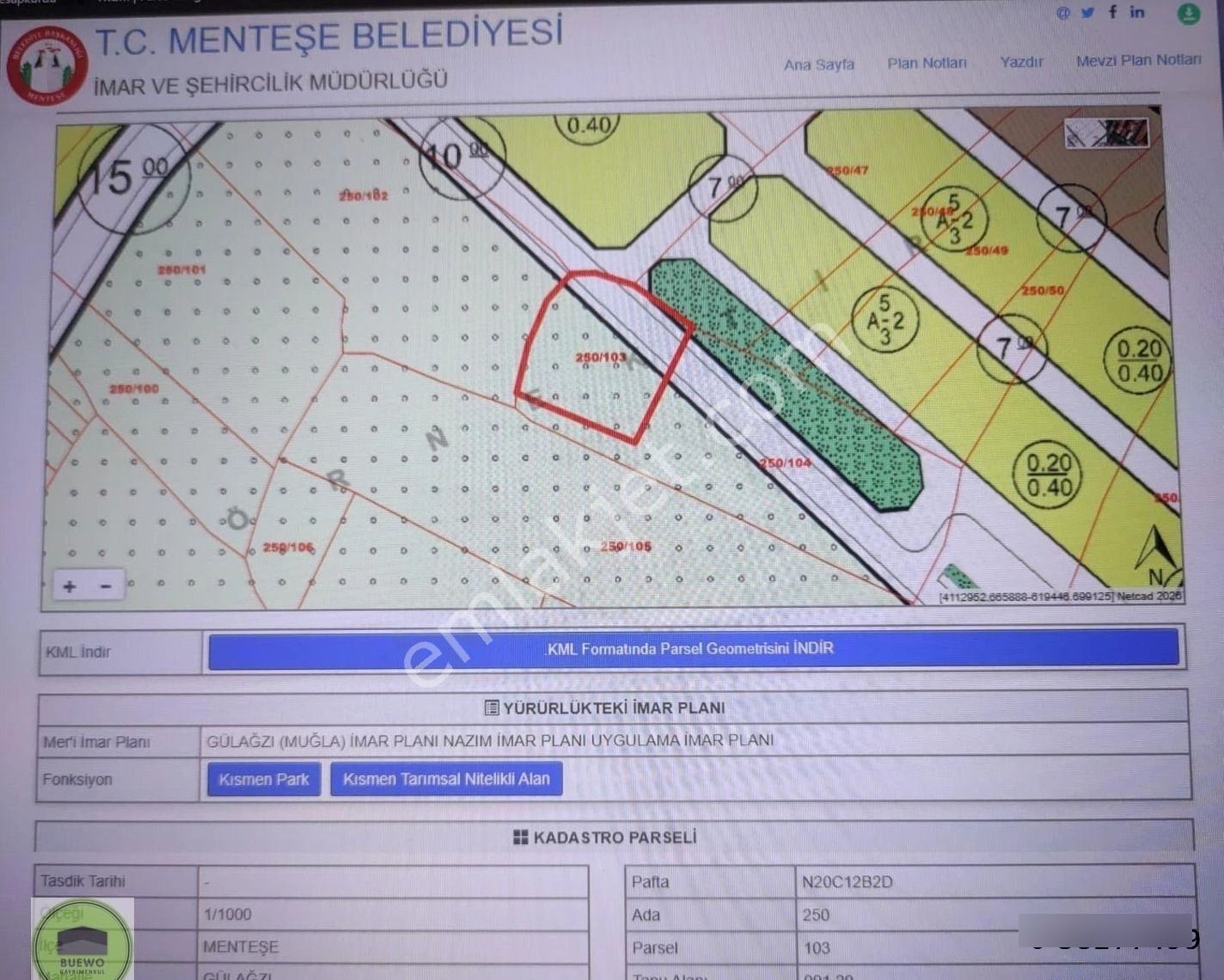 Buewo'dan / Muğla / Menteşe / Gülağzı'nda / Yol Üstü 700m² Tarla