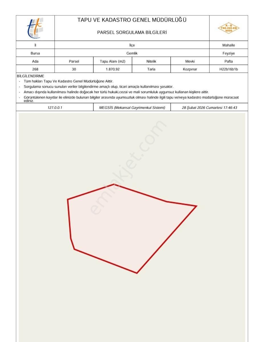 Bursa Gemlik Feyziye Satılık 1.870 M2 Tarla
