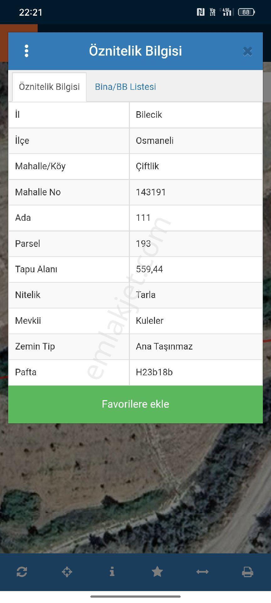 Bilecik Osmaneli Orhaniye Satılık Tarla 559mk Acilll Satılık