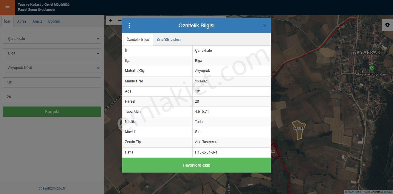 Çanakkale-biga-akyaprak Köyü 4515m2 Müstakil Tapu Tarla