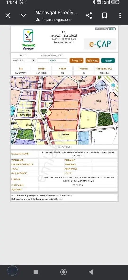 Manavgat Gündoğdu Turizm Yoluna Sıfır Arsa