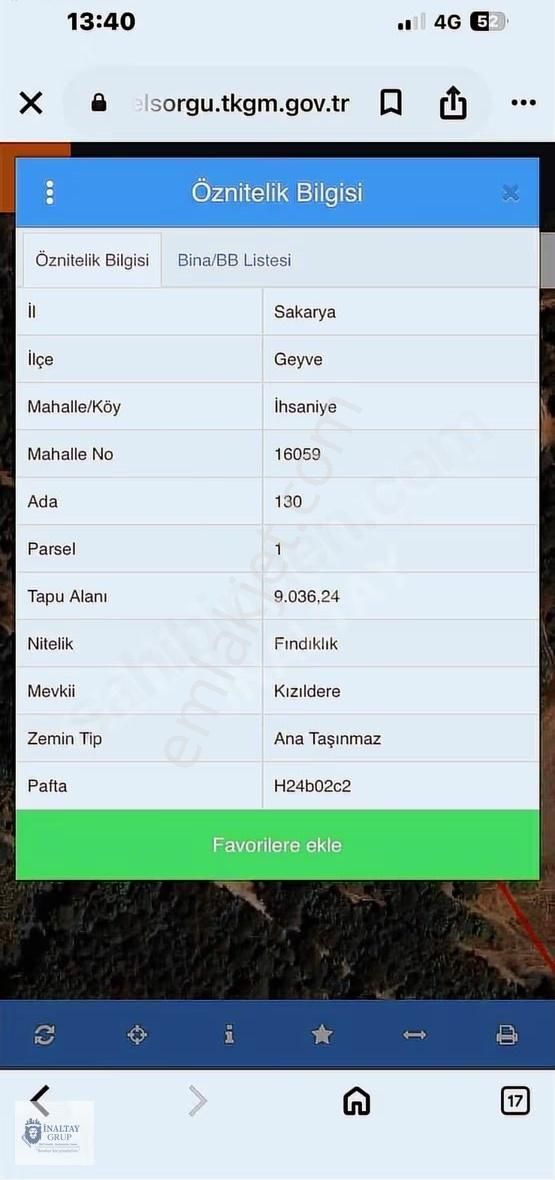 Geyve İhsaniye'de 9 Dönüm Satılık Fındıklık