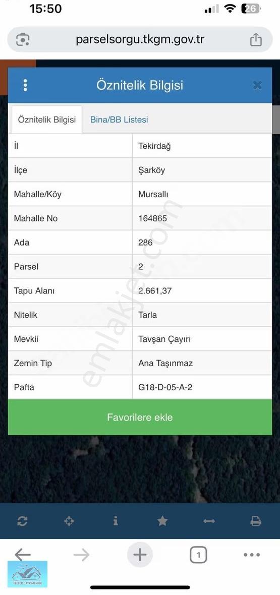 Tekirdağ Şarköy Mursallı Da Tek Tapu Satılık 2661 M2 Tarla