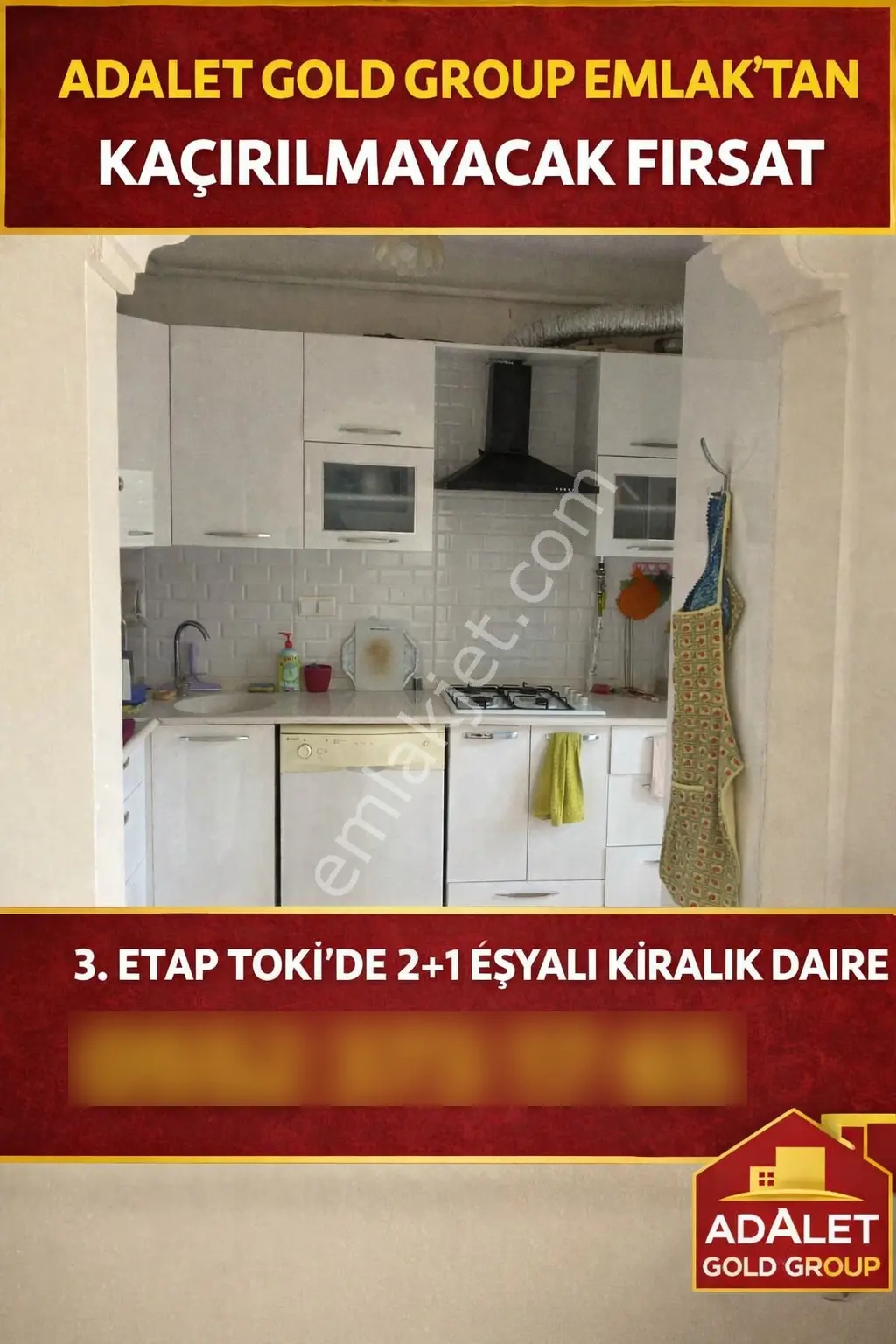 Adalet Gold Group Emlak'tan Kaçırılmayacak Fırsat. 3. Etap Toki'de 2+1 Eşyalı Kiralık Daire