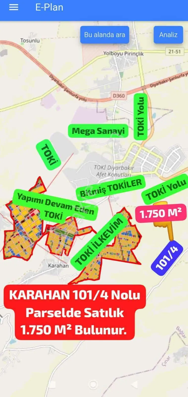 Geleceğe Yatırım !!!! Karahan 101 -4 Satılık 1750 M2