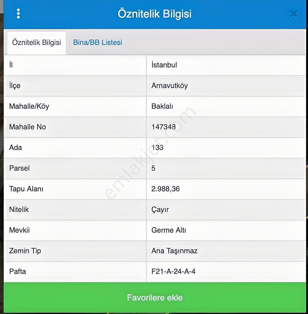 Arnavutköy Baklalı Mh. Germe Altında (tek Tapu) Satılık Tarla