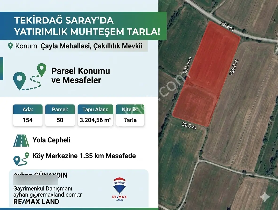 Remax Land'den Tekirdağ Saray Çayla'da Yatırımlk 3.205 M² Tarla