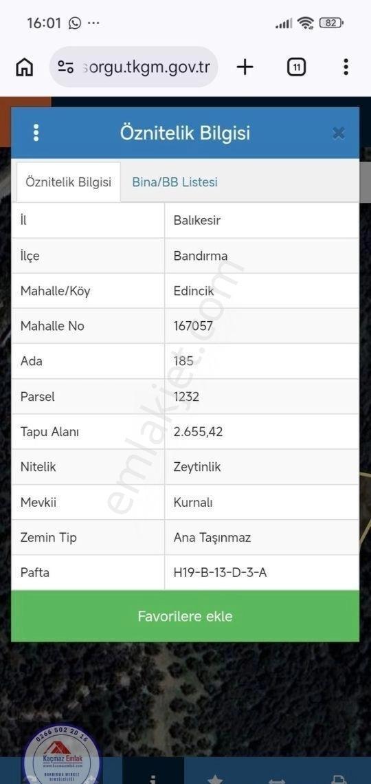 Bandırma Edincik Mahallesi 2.655m2 Satılık Zeytinlik
