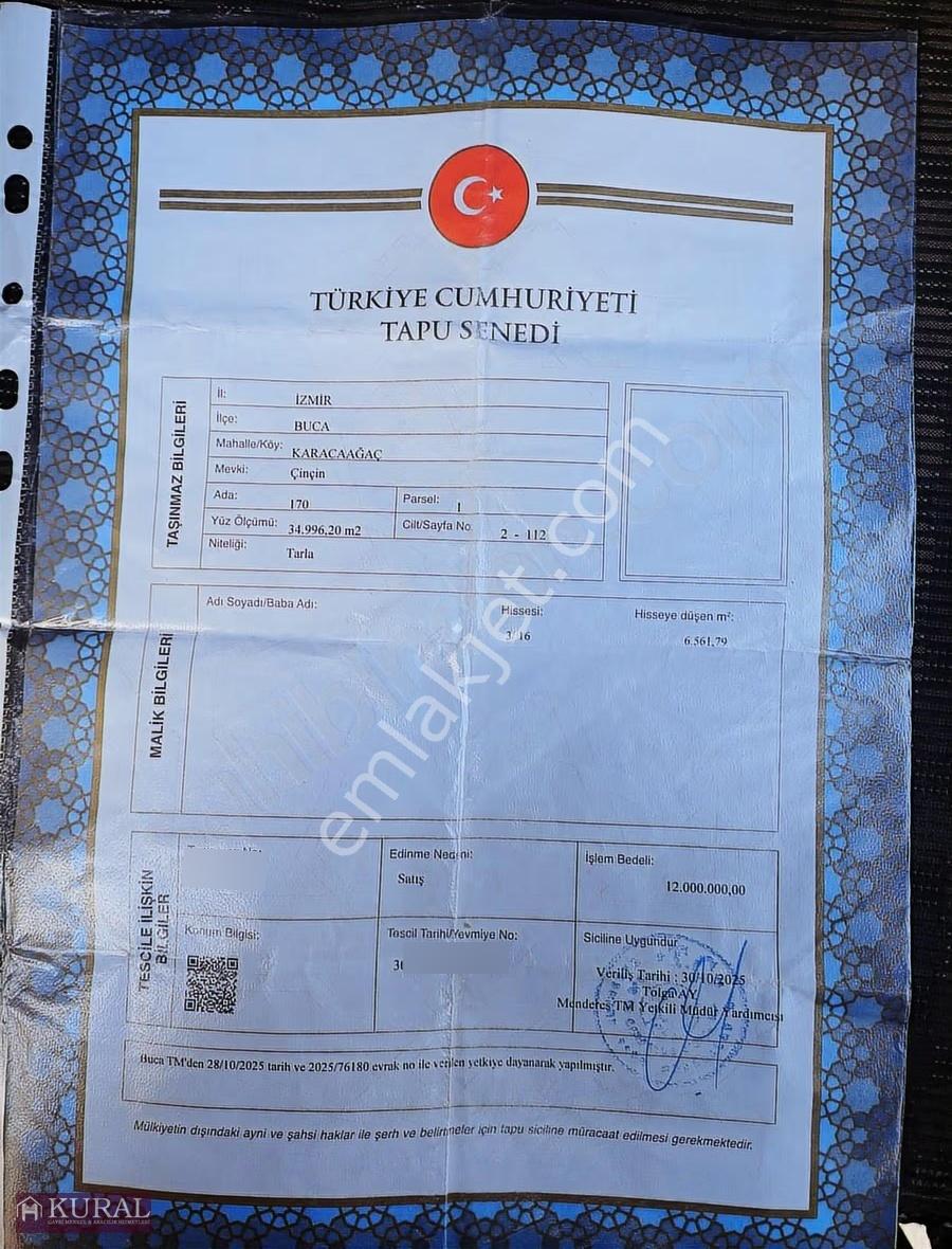 İzmir Buca Karacaağaçda Köşe 6562m2 Tarla Kupon Yerde Hisse Tapu - Görsel 14