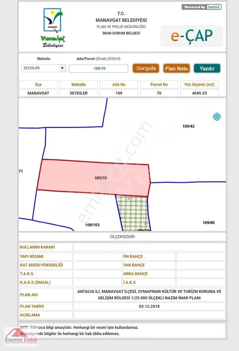 Manavgat Seydiler Tek Tapu D400'e 1 Km Satılık 4.049 M2 Tarla