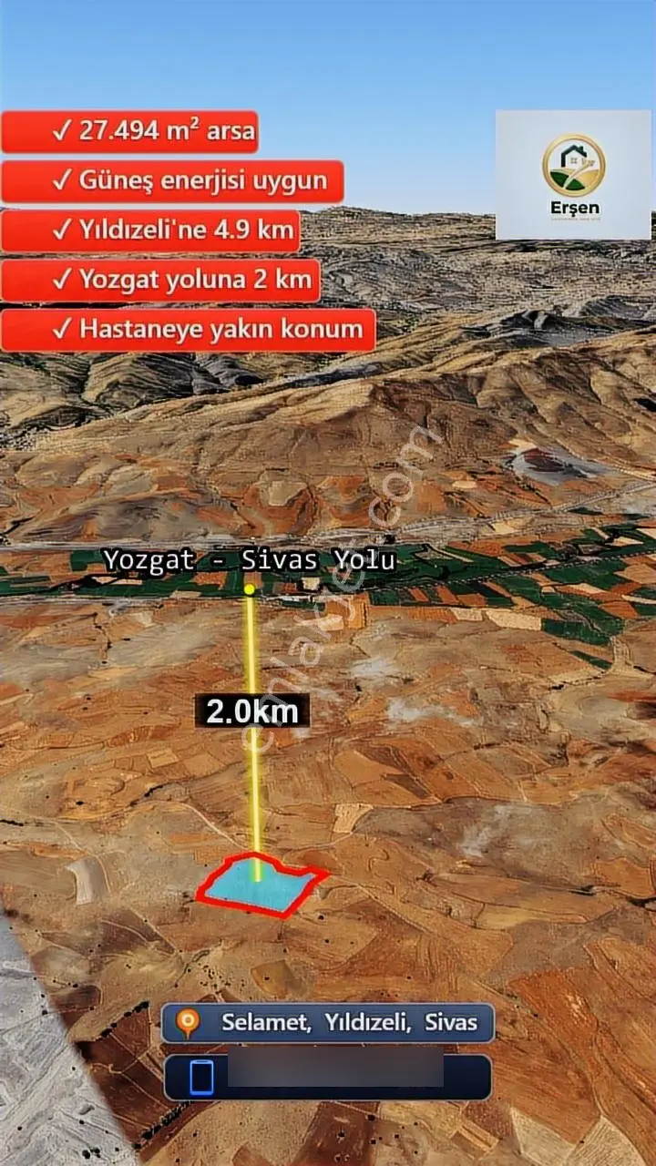 Sivas Yıldızeli Selamet Köye 1 Km Mesaferesmi Yola Cephe 27493m2