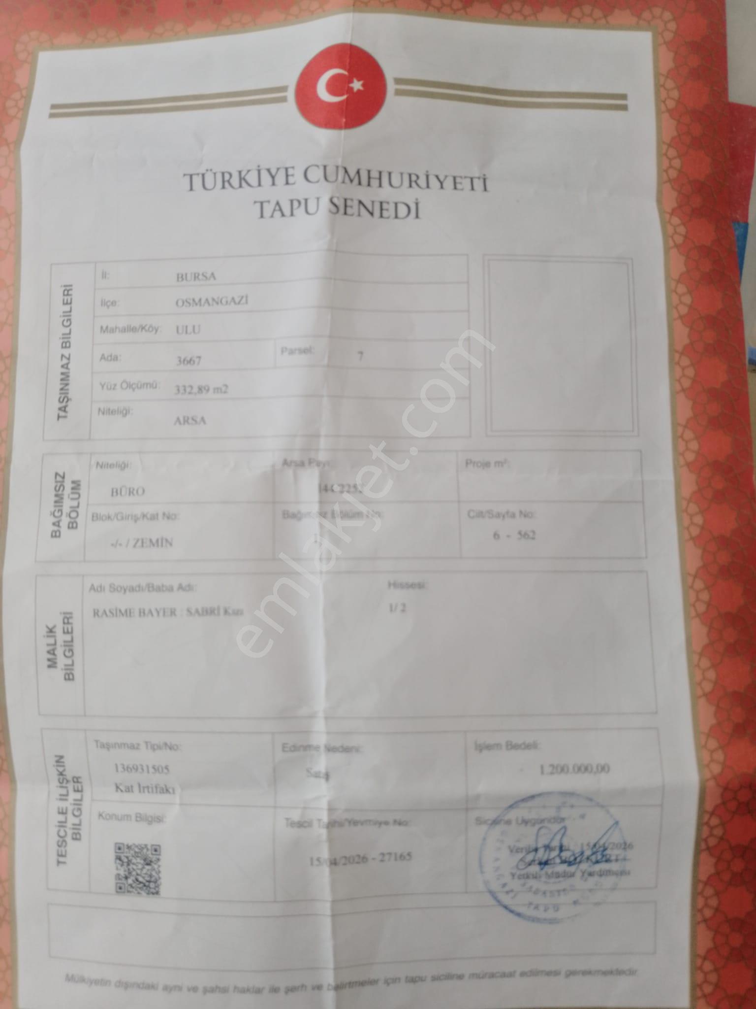 Bursa Osmangazi Sakarya Mahallesi Satılık 2+1 Daire