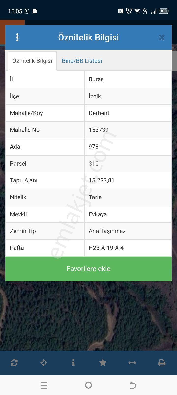 Bursa İznik Derbent Satılık Tarla