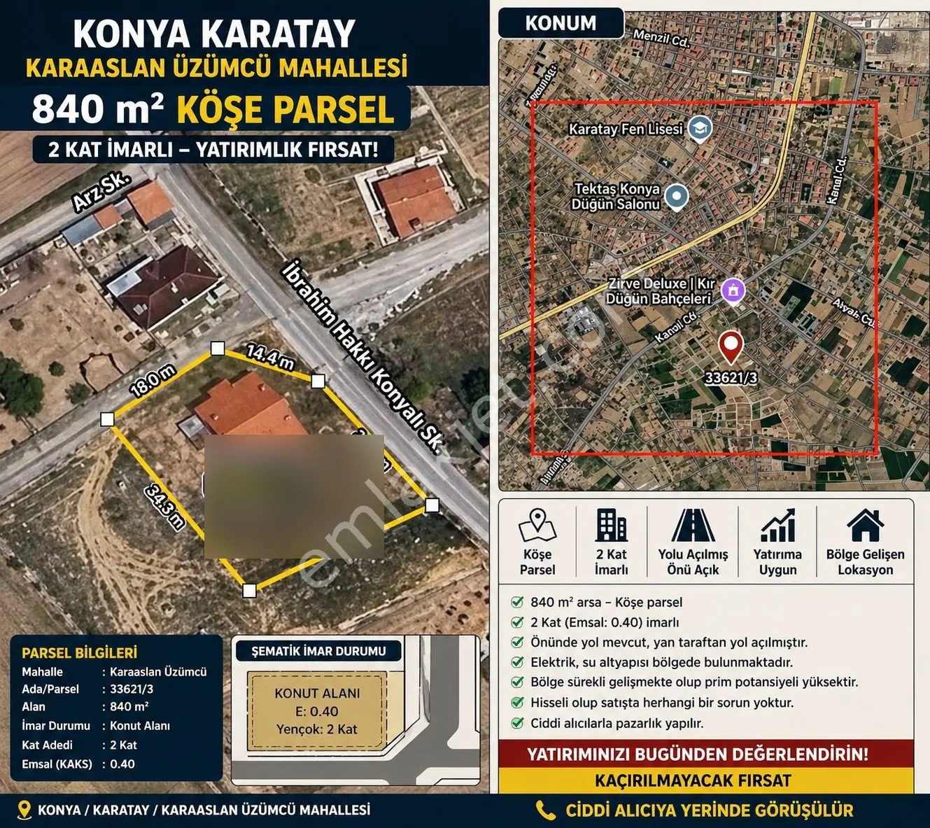 Karatay, Karaaslan’da 840 M² Köşe Parsel – 2 Kat İmarlı Yatırımlık Fırsat!