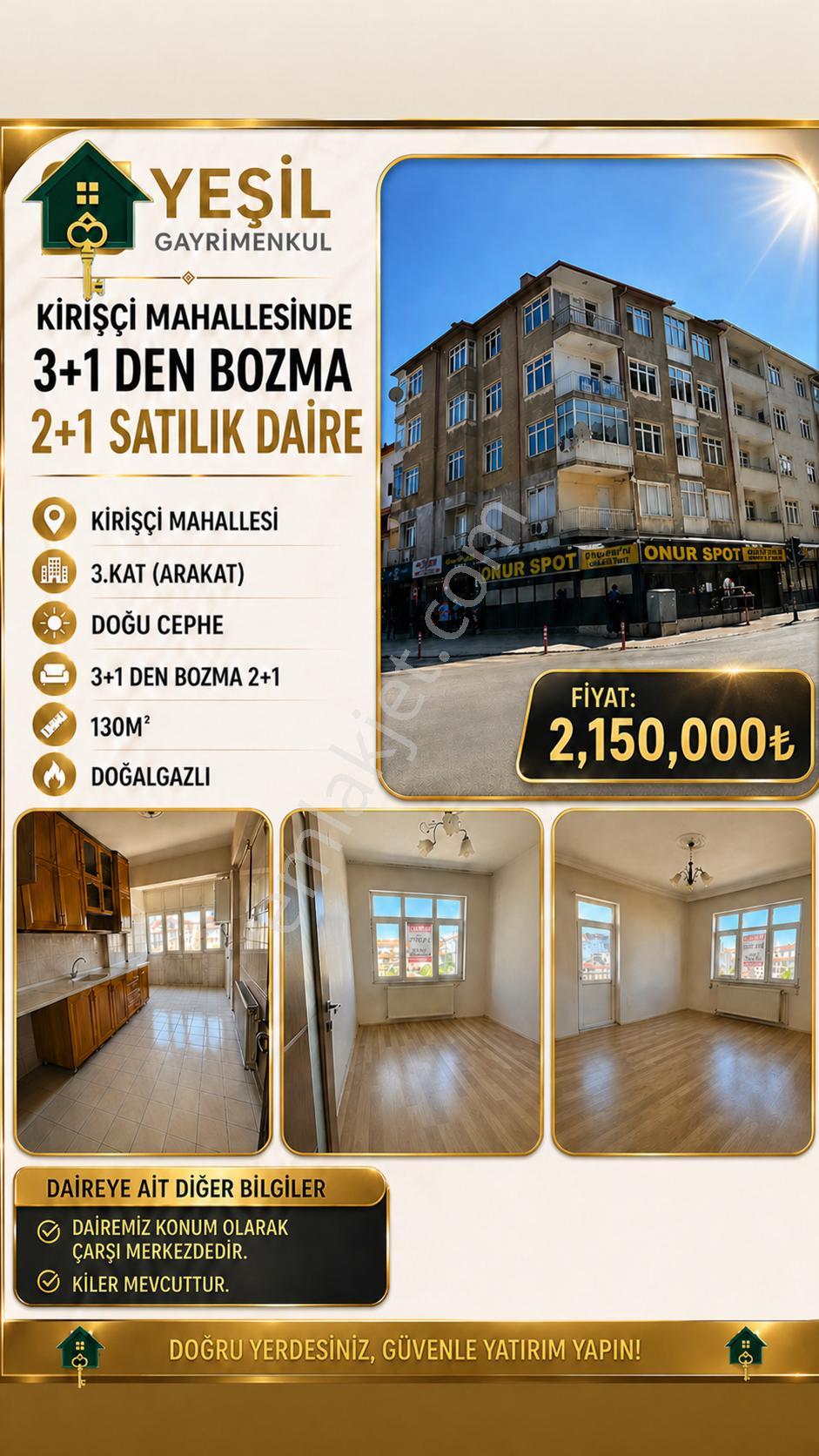 Yeşil Gayrimenkul Den Kirişçi Mahallesinde 3+1 Den Bozma 2+1 Satılık Daire