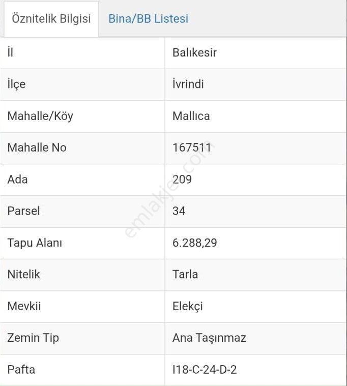 Balıkesir İvrindi Mallıca Mahallesi 6288m2 Satılık Tarla