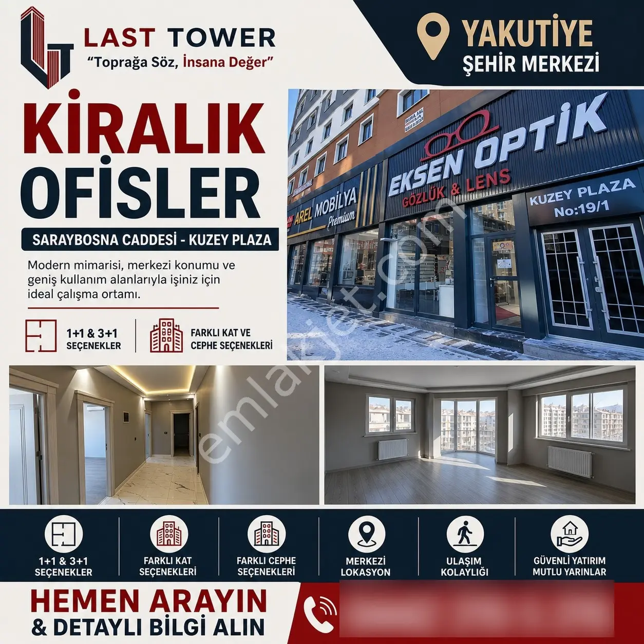 Şehir Merkezi Saraybosna Caddesi Kuzey Plaza'da Kiralık Ofisler