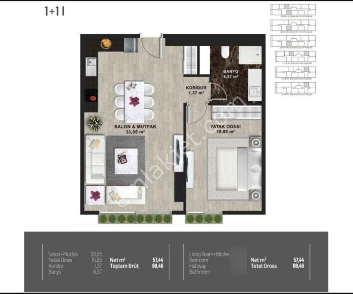 Fikirtepe Mina Towers 9. Kat Geniş I Tipi Net 58 M² 1+1 Daire