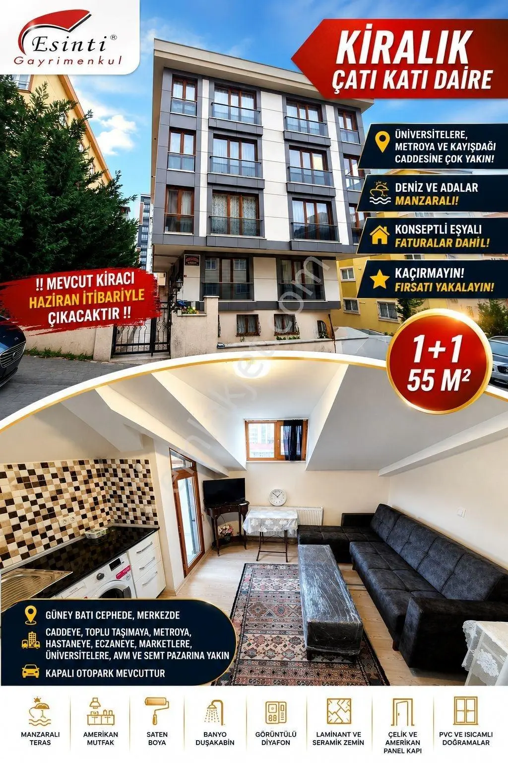 Ataşehir İnönü'de, Faturalar Dahil Adalar Manzaralı 1+1 Eşyalı Çatı