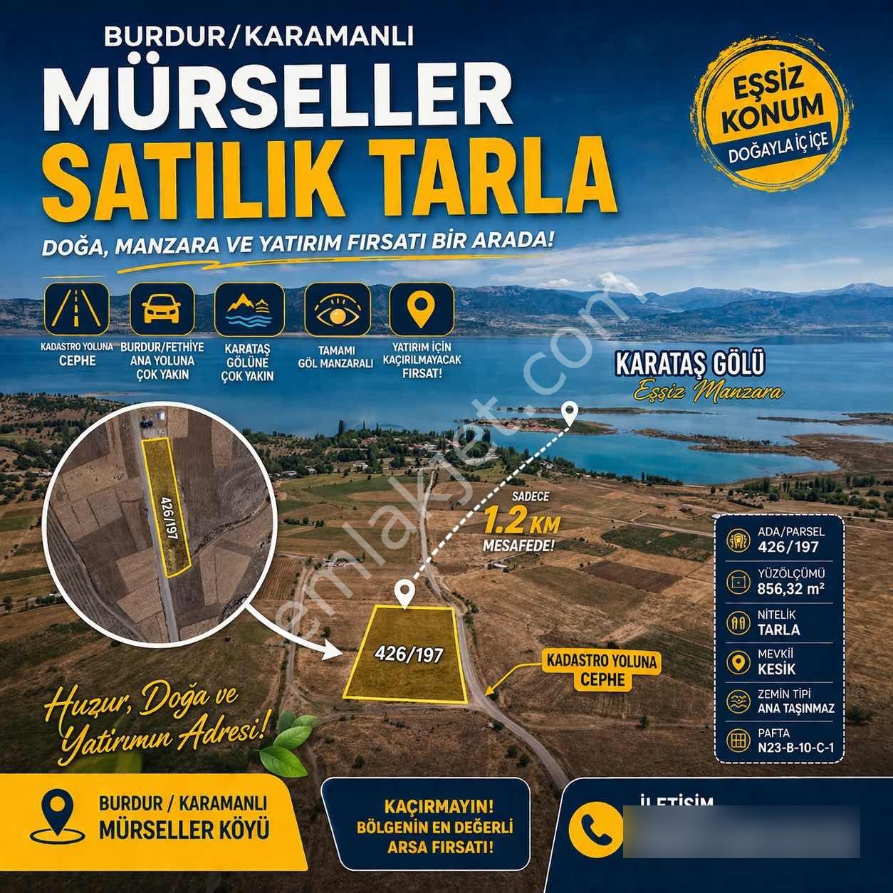 Burdur/karamanlı Mürseller'de Yola Sıfır 856m2 Muhteşem Tarla