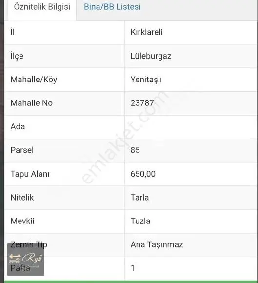 Lüleburgaz Yenitaşlı'da Satılık Tek Tapu 650m² Tarla
