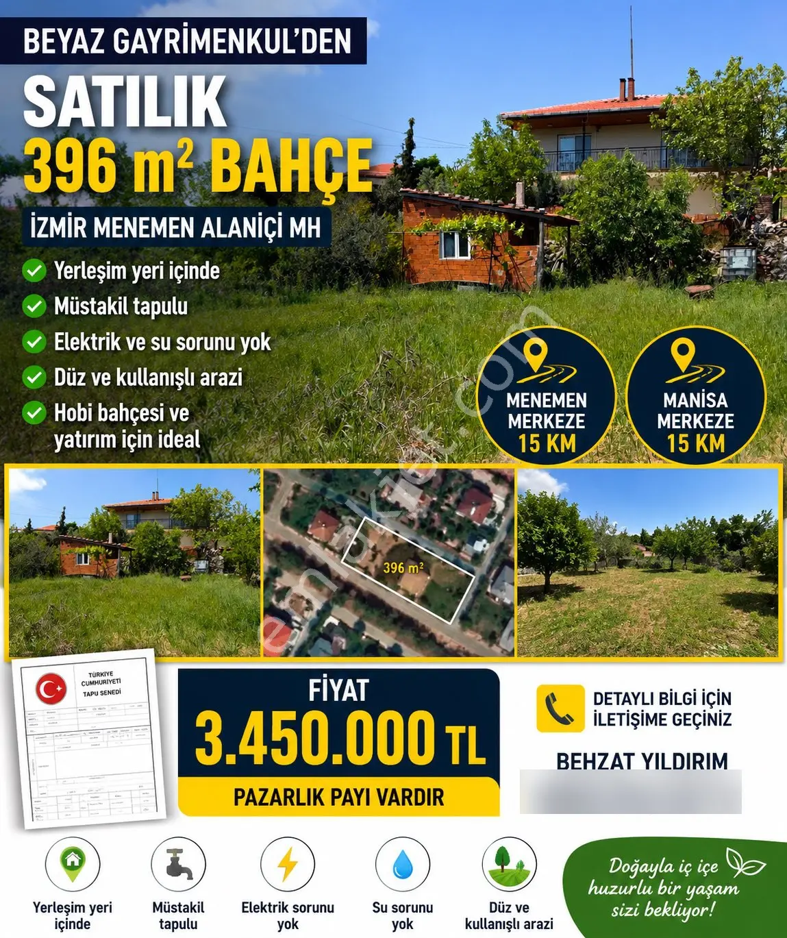 Melemen Alaniçi Mh Fırsat 396 M2 Bahçe