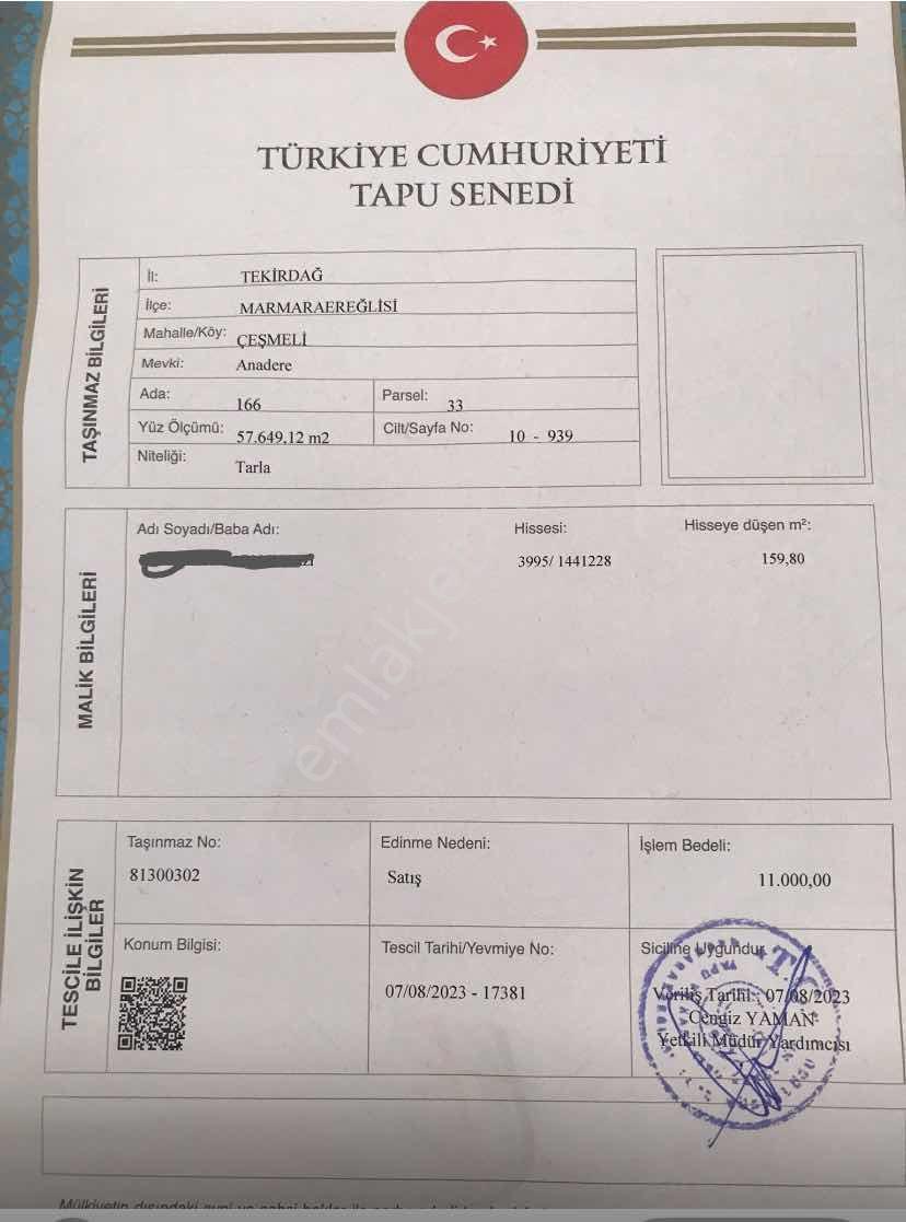 Tekirdağ Marmaraereğlisi Çeşmeli Sahibinden Satılık Arsa