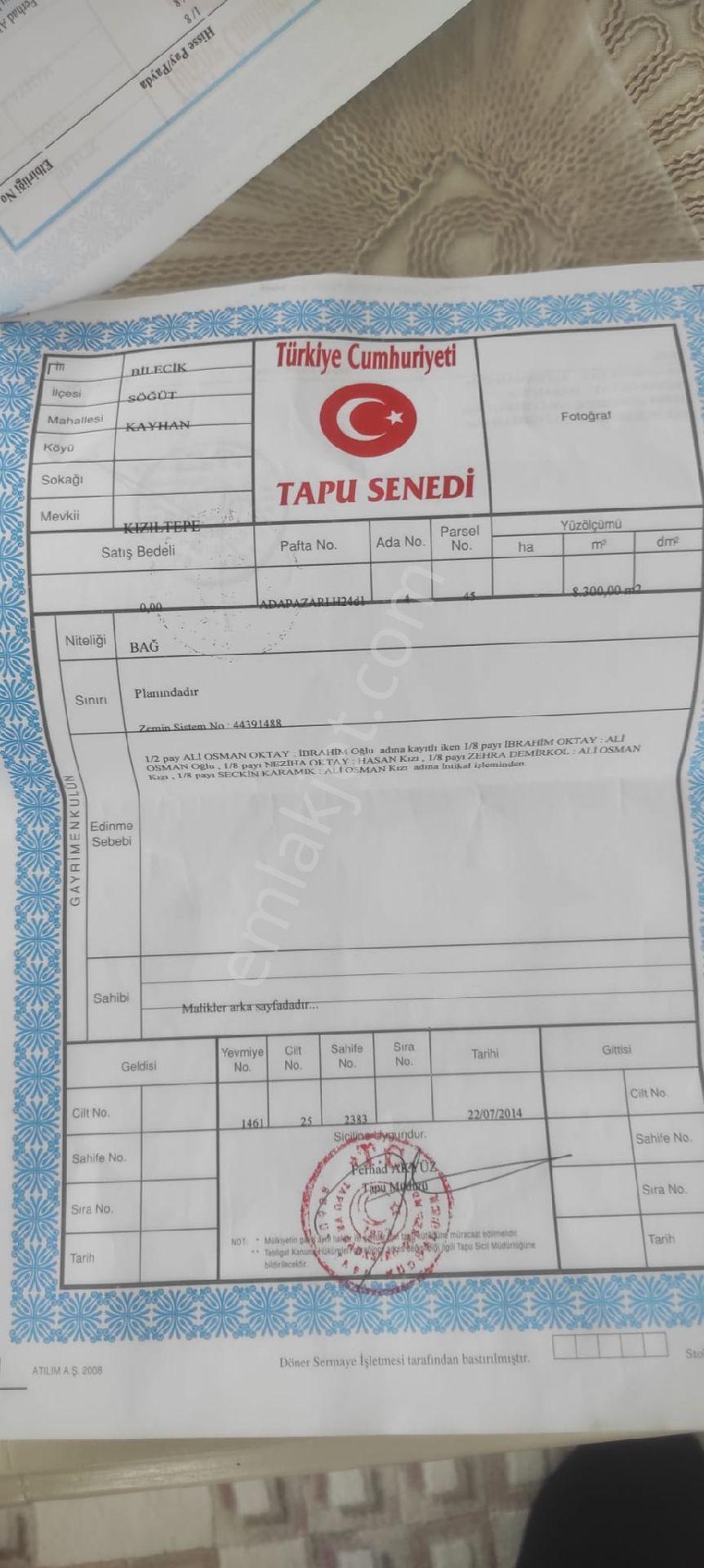Toplam 20 Dönüm 3 Adet Bağ Yeri