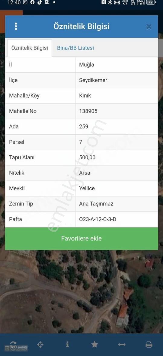 Seydikemer Kınık Arsa İmarlı 500 M2 Manzaralı Müstakil Parsel