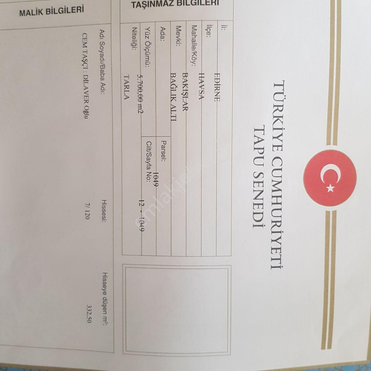 Edirne Havsa Bakışlar Köy Satılık Arsa Çap Muvakkat Vardır - Görsel 4