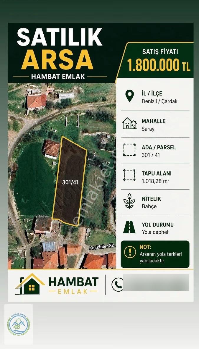 Çardak Sarayda Yola Cepheli Satılık Arsa 1018 M²