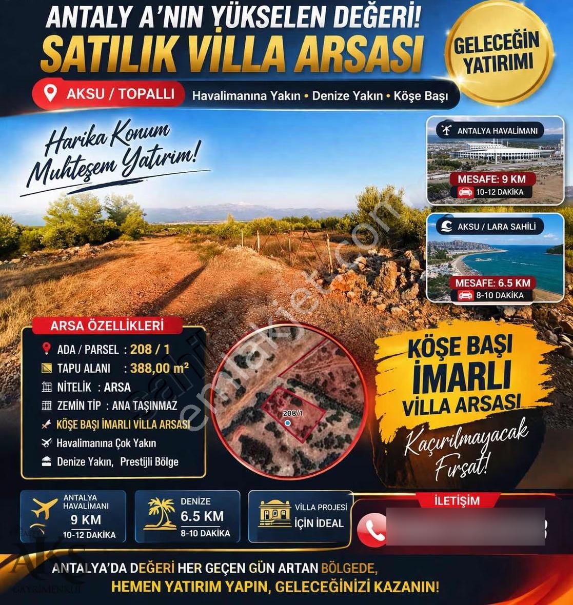 Aksu Topallı'da Köşe Başı 3 Tarafı Yol 388m2 İmarlı Villa Arsası - Görsel 7