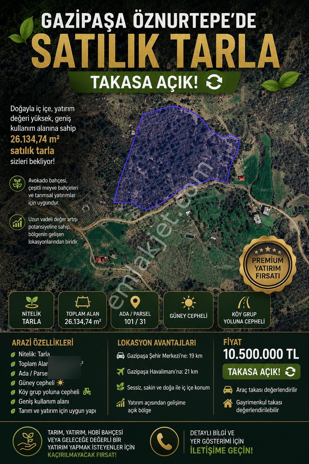 Gazipaşa Öznurtepe’de Satılık Tarla – Takasa Açık!