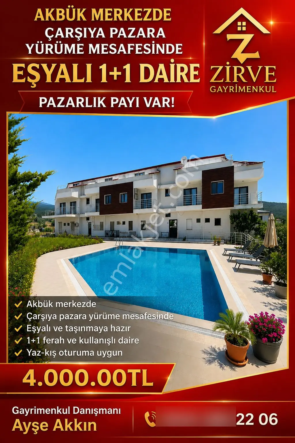 Havuzlu Site İçerisinde Full Eşyalı Fırsat 1+1 Daire!