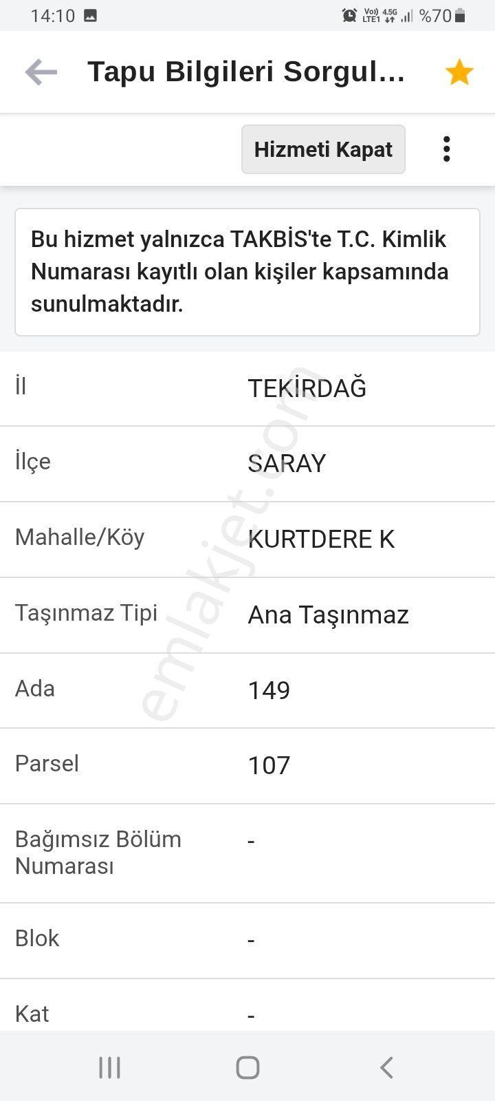Tekirdağ Sarayda Satlık 210 Metre Kare Tarla