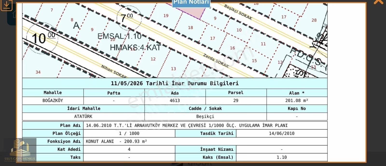 Ulus'tan Boğazköy'de 202m2 4 Kat 1.10 İmarlı İfrazlı Arsa