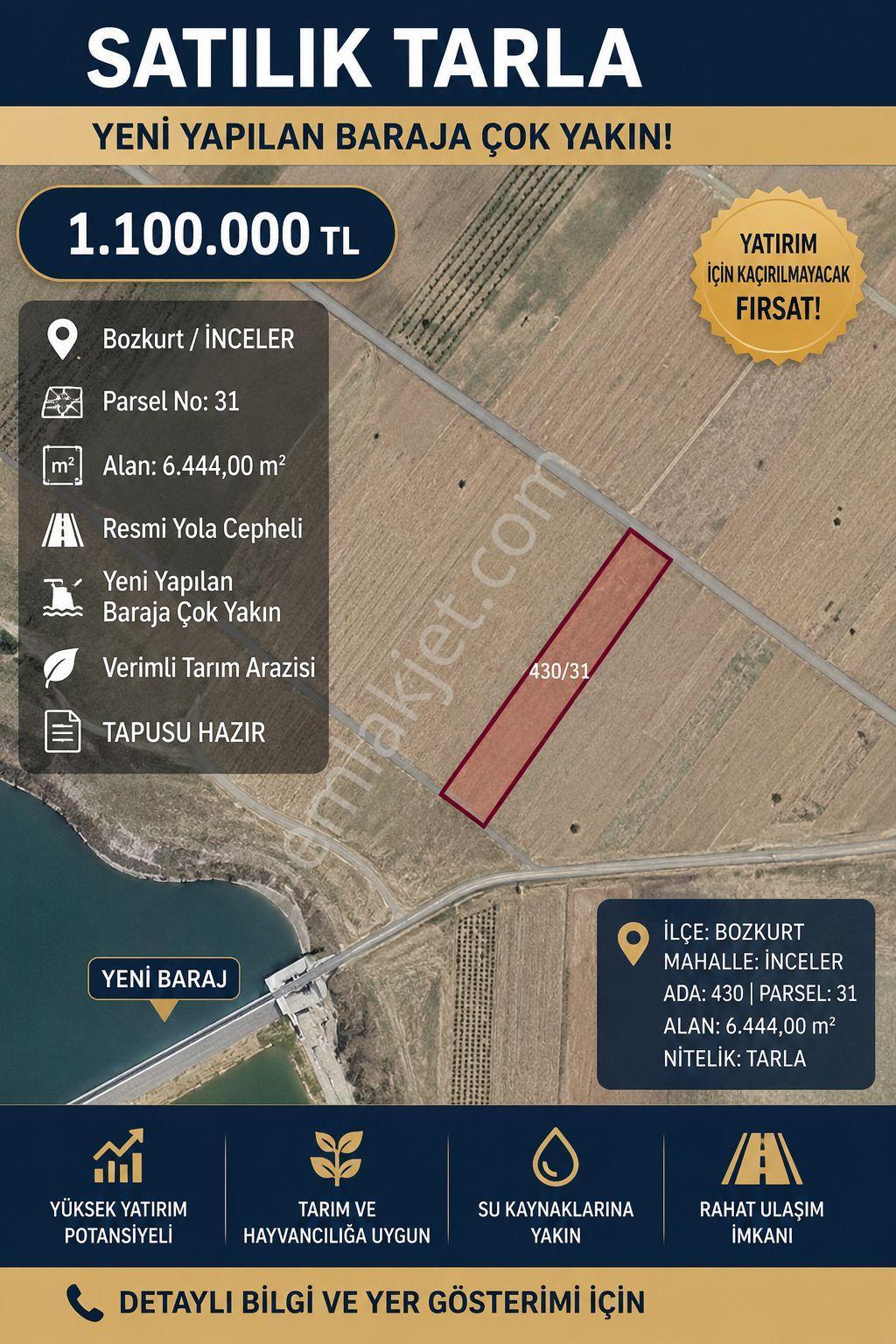 Bozkurt İnceler’de Yeni Baraja Çok Yakın 6.444 M² Satılık Tarla - Görsel 2