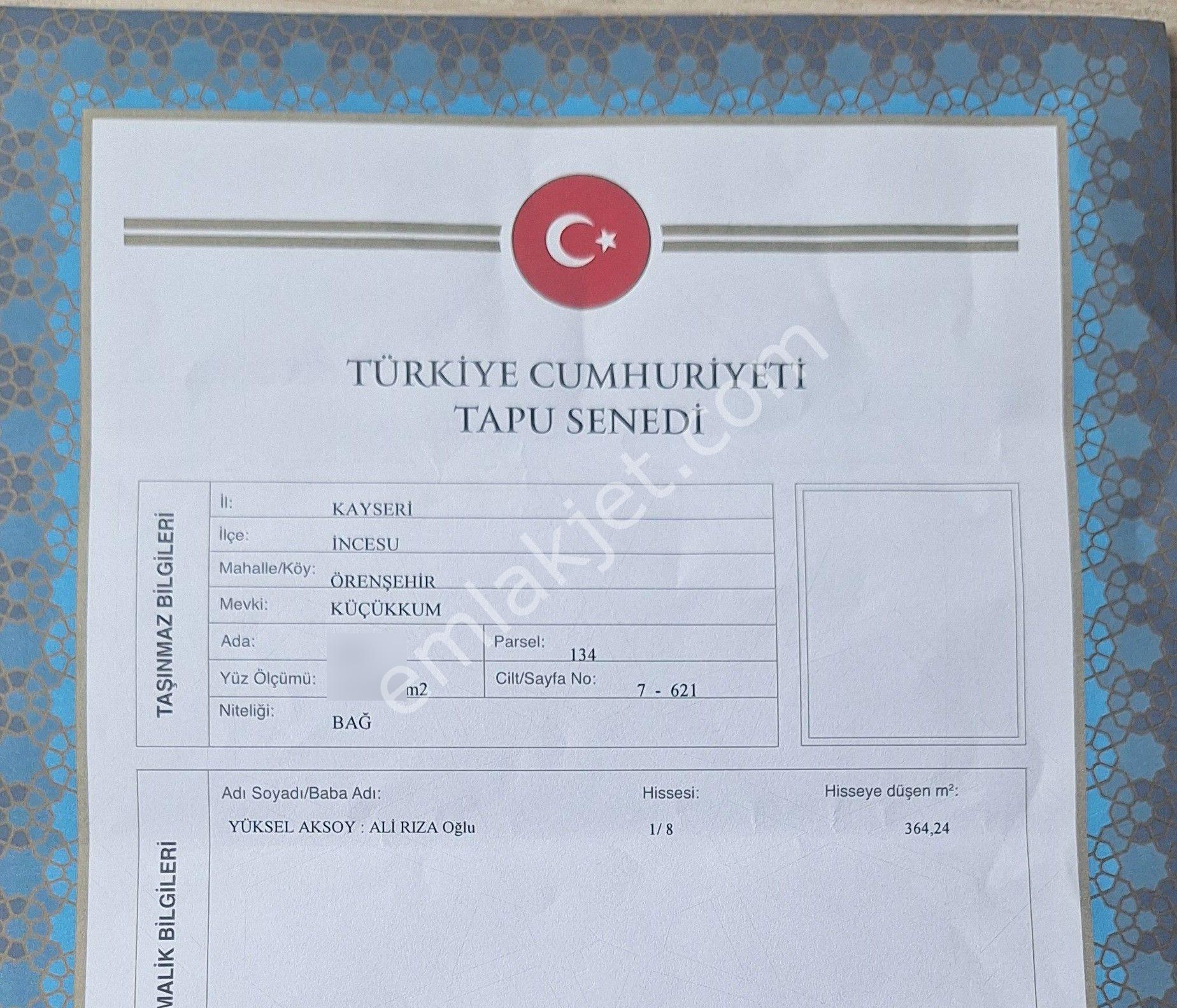İncesu Örenşehir Küçükkum Mevki Sahibinden Satılık Bağ