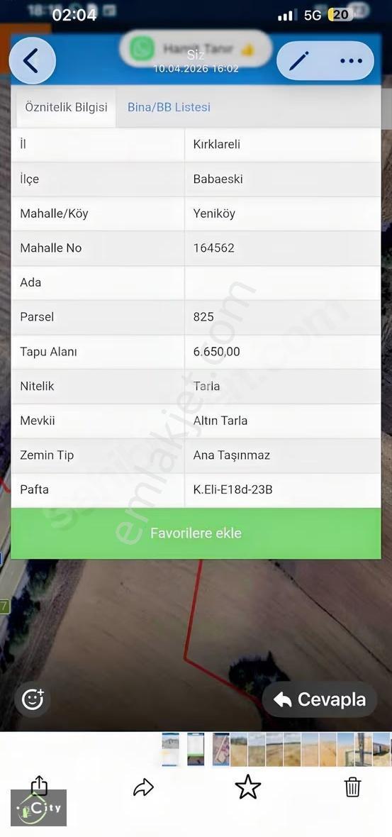 Kırklareli Babaeski Yeniköy 6.650 M2 Kelepir Tarla