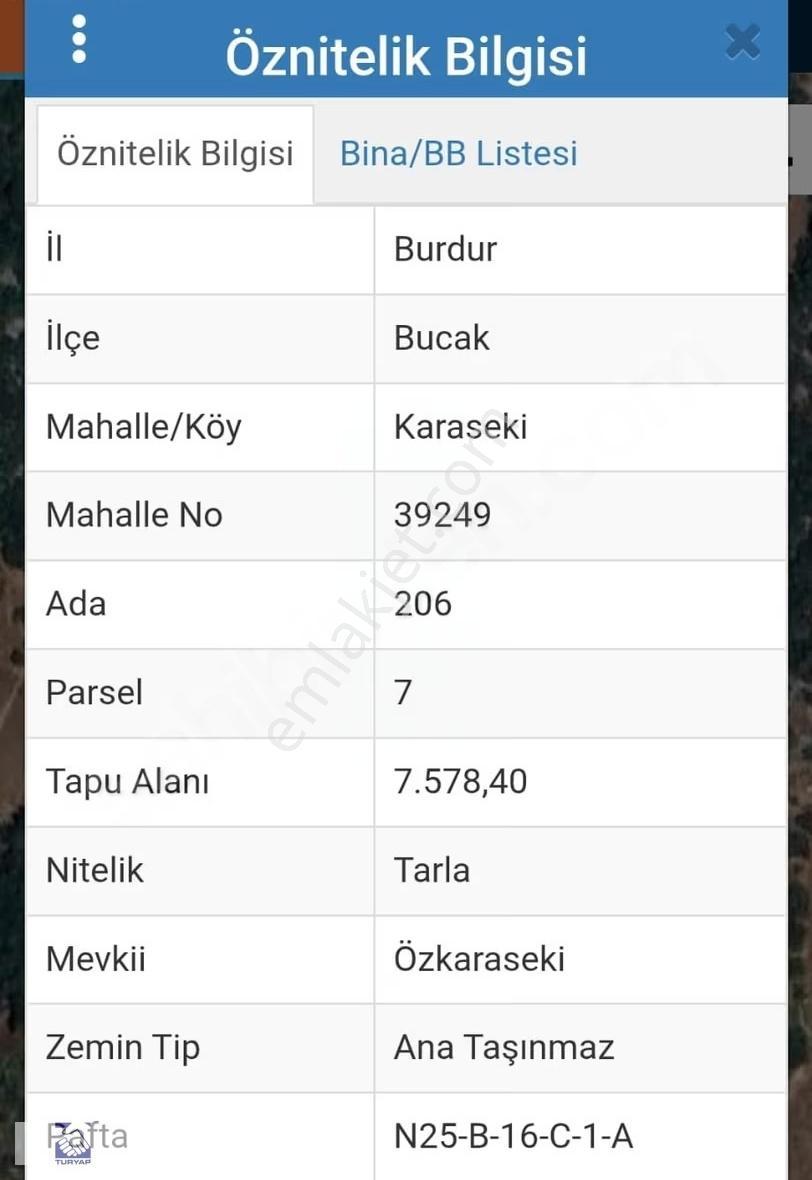 Bucak Karasekı'de 7.578m2 Satılık Tarla