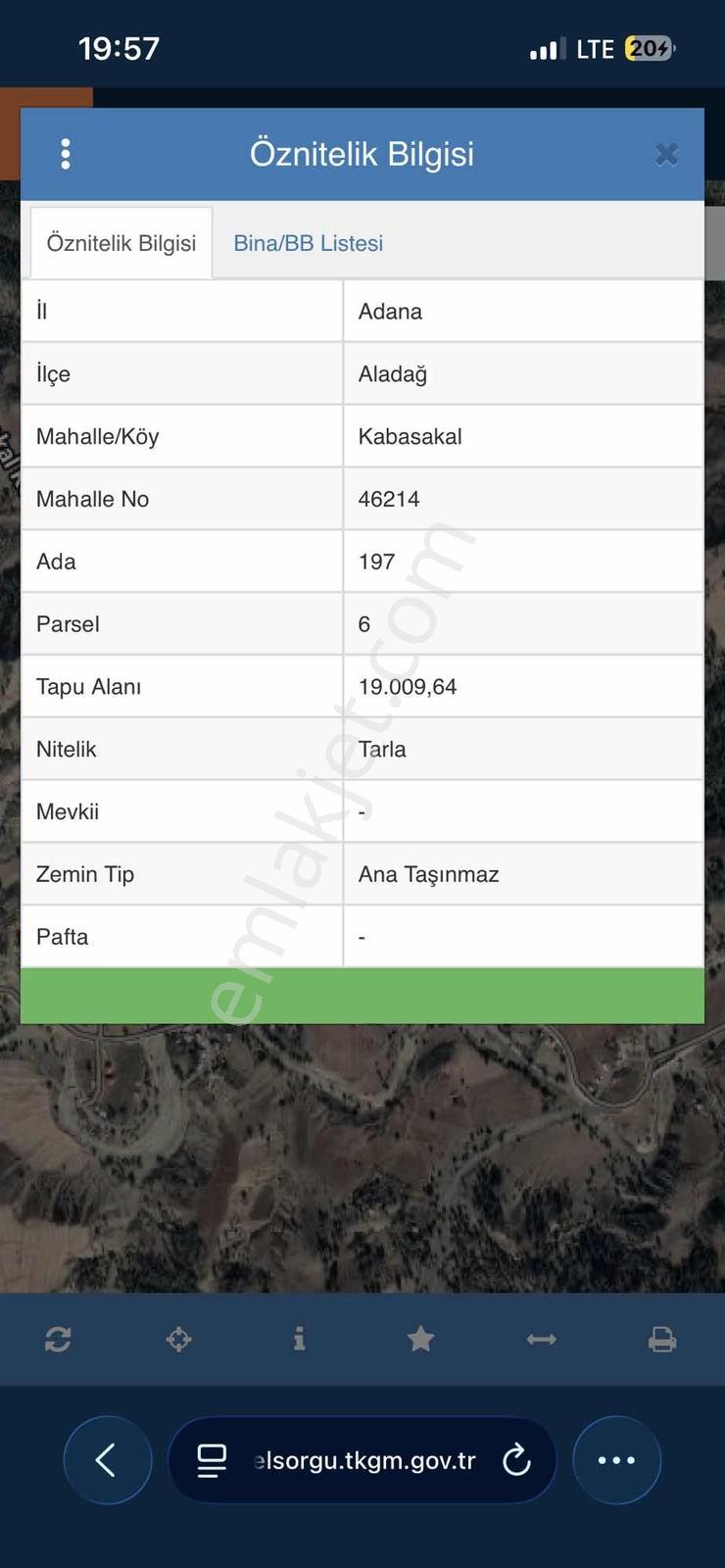 Adana Aladağ Kabasakal Köyü Tek Tapu Tarla