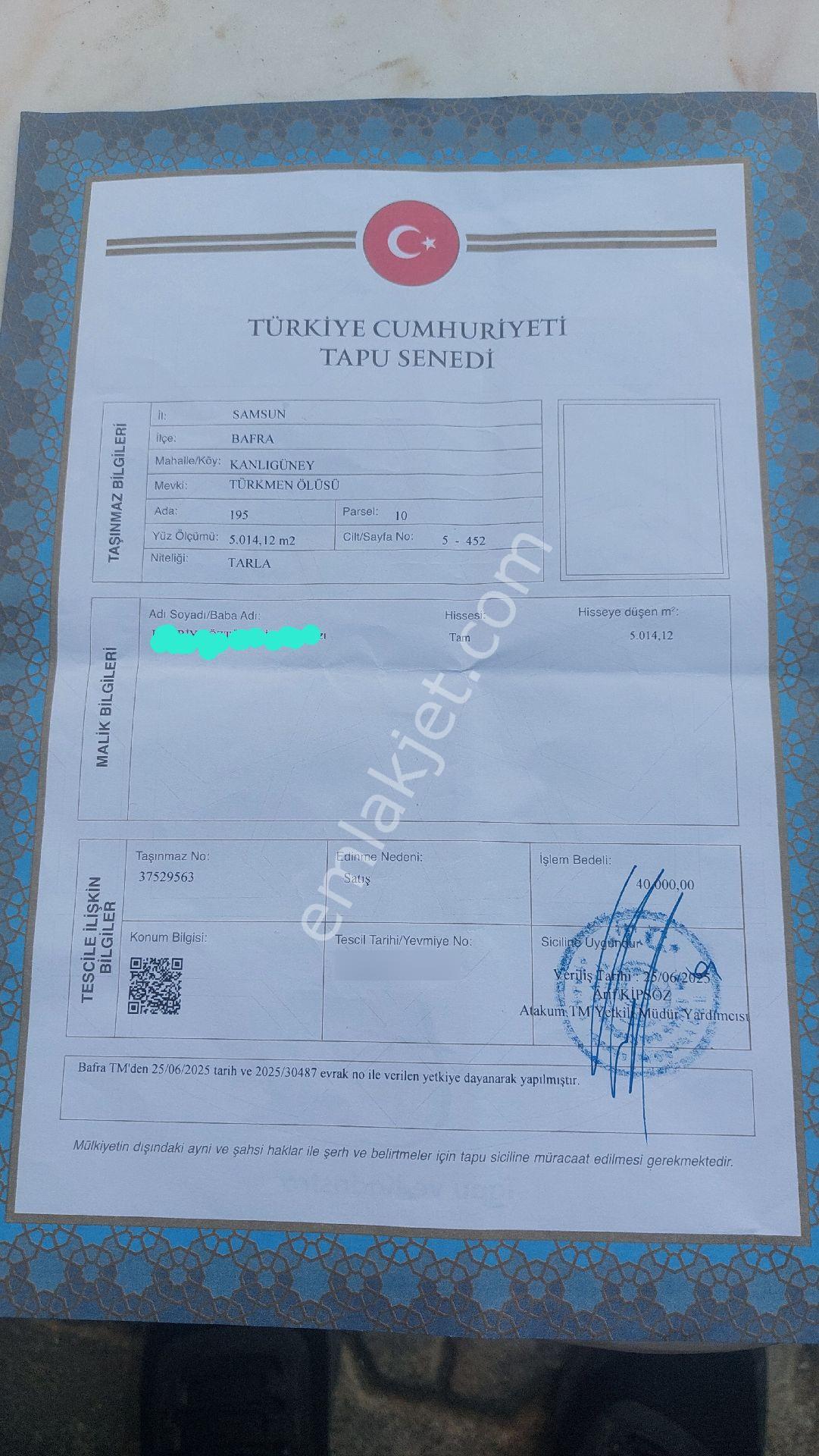 Kubilay Emlak'tan Bafra'da Kanlıgüney'de Satılık Tarla