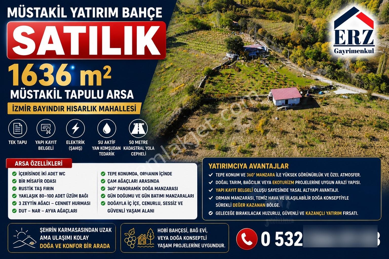 Erzden Bayındır Hisarlıkta 1635 M² Tek Tapu+yapı Kayıt Bahçe