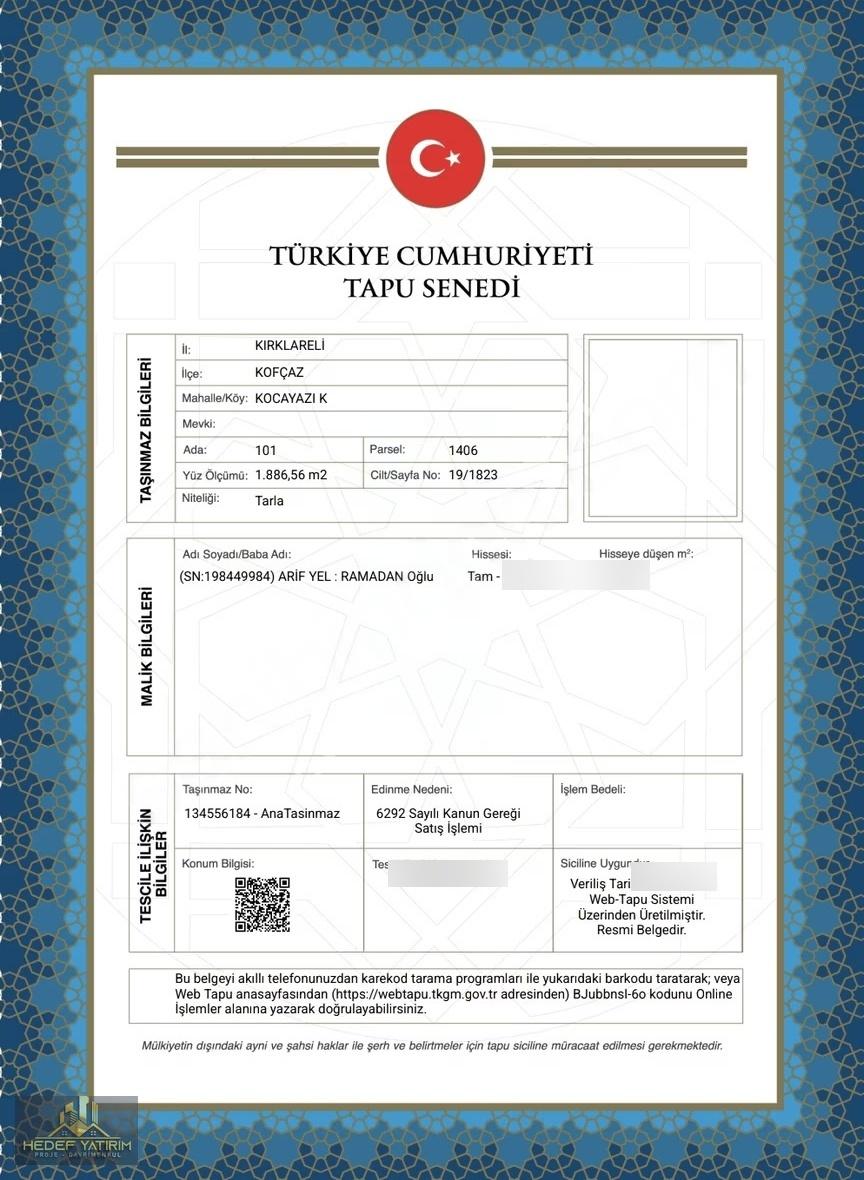 Hisseli Değil Al Kenarda Dursun Tek Tapu Arazi [ 1.886 M2 ]