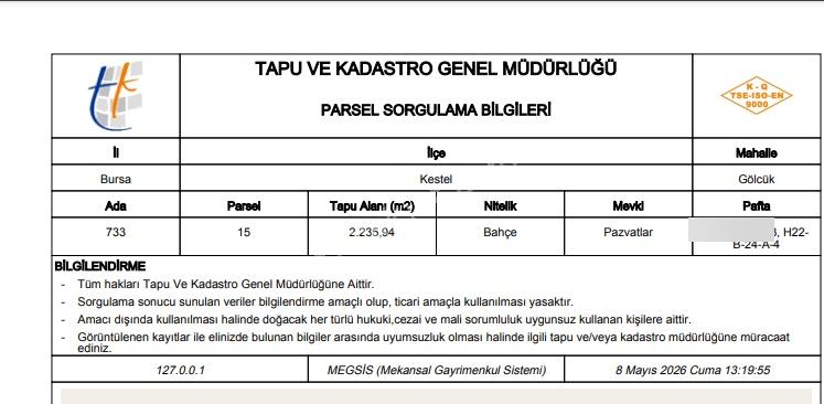 Bursa Kestel Gölcük'te Tek Tapu 2.236-2.305 M2 Satılık Tarlalar - Görsel 4